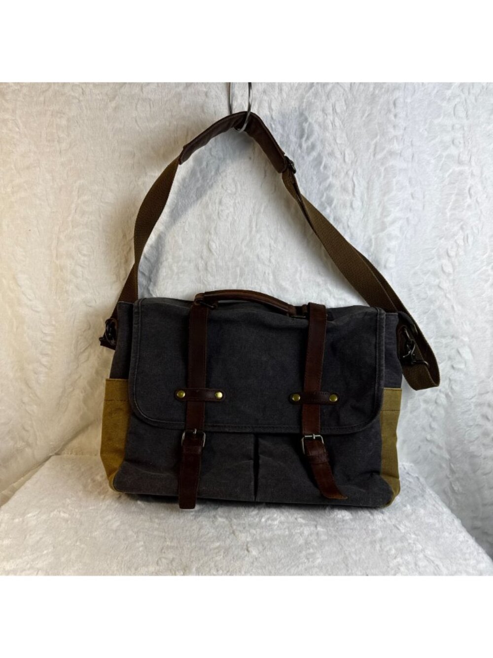Vintage-Inspired Messenger Leather & Waxed Canvas Briefcase Satchel Laptop Bag - Picture 4 of 11